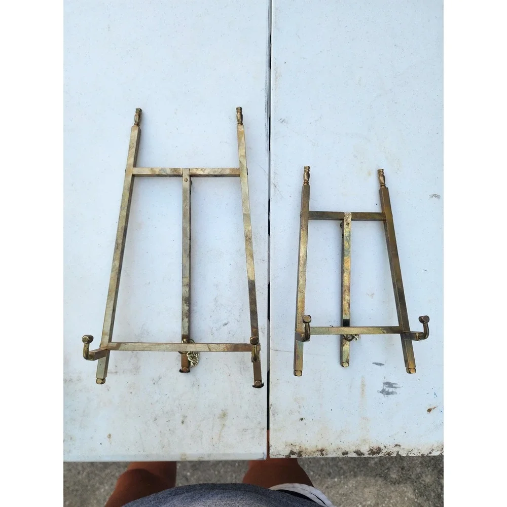 Vintage Set Of 2 Solid Brass Easel Display Stands Large & Medium